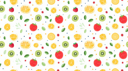 Poster - A seamless pattern of hand-drawn fruits and leaves on a white background.