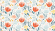 A seamless pattern of hand-drawn tulips and other flowers in a repeat pattern.