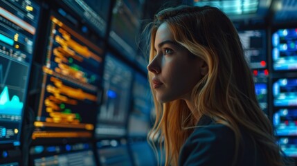 Poster - A young confident female programmer, IT specialist dealing with software, coding, cybersecurity surrounded by large digital computer screens in the office.