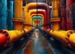 A long row of pipes in a factory with a rainbow of colors