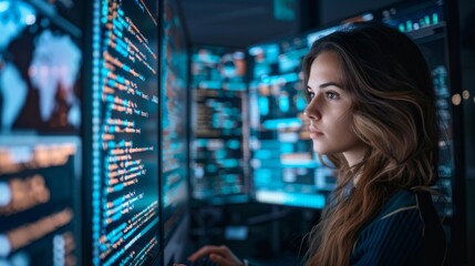 Poster - Portrait of a young confident woman, programmer, IT specialist dealing with software, coding, cybersecurity surrounded by large digital computer screens in the office.