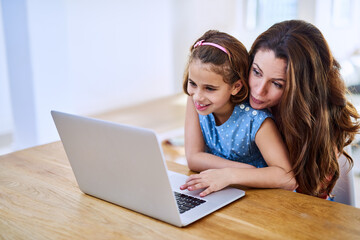 Sticker - Funny, mother and happy girl with laptop in home, internet and child with woman for meme or video and childhood development. Search, technology and browse for fun, streaming and bonding together