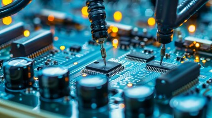 Poster - Close-up of a modern manipulator robot in a modern high-tech electronics factory. Production and Installation of chips, components, and an automated PCB assembly line
