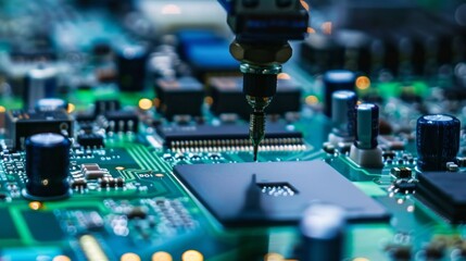 Poster - Close-up of modern high-precision robotic manipulators on a fully automated PCB assembly line at a modern high-tech electronics factory.