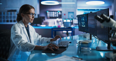 Poster - Medical Research Center Laboratory: Caucasian Female Neurologist Using Desktop Computer With MRI And PET Scans Of a Brain. Professional Doctor Looking For Areas of Patient's Brain Damaged By Stroke.