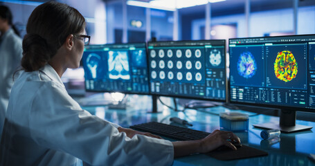 Poster - Medical Research Center Laboratory: Caucasian Female Neurologist Using Desktop Computer With MRI And PET Scans Of a Brain. Professional Doctor Looking For Areas of Patient's Brain Damaged By Stroke.