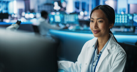Poster - Portrait of Asian Female Doctor Using Desktop Computer In Modern Hospital Medical Research Laboratory. Professional Practitioner Checking Test Results Of Patients, Drugs Prescription, Symptoms History