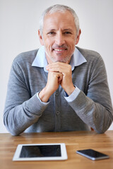 Aufkleber - Portrait, mature and businessman in office with technology for research, information and email at desk. Corporate male person, attorney and legal advisor in workplace with internet, tablet and phone