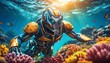 A humanoid with a coral-reef texture, purifying ocean waters and reviving marine life around