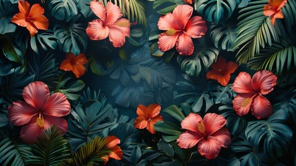 Poster - A close up of a lush green jungle with a large number of red flowers