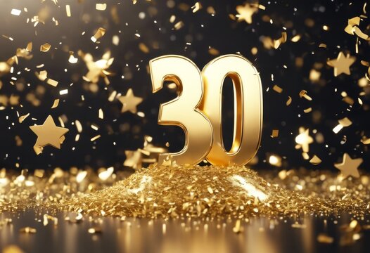 'anniversary years star confetti 3 illustration. celebration 3d background. golden three year three-dimensional gold birthday happy metal number card ceremony ce'