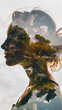 Double exposure portrait of woman and nature landscape.