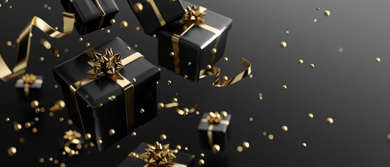 Black and gold gift box with sparkling glitter confetti for black friday social media marketing. Black friday sales concept. Top view photo of black gift boxes. Generative Ai