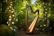 Dynamic photo of a harp standing in a garden gazebo, with climbing vines and flowers, perfect for themes of elegance and music in nature