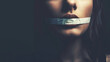 © AiDesign - Woman mouth sealed with tape, on dark background with space for text, Freedom of expression concept