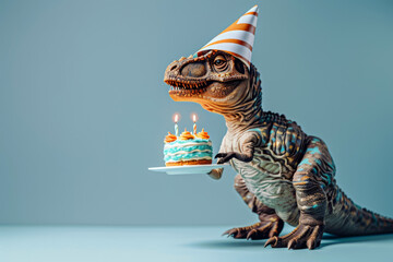 Cute dinosaur with birthday cake on blue background. Birthday concept.