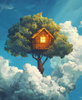  tree house above clouds, Fantasy concept 