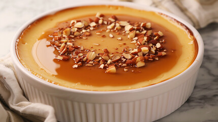 Wall Mural - Tasty caramel pudding with nuts in bowl on table, closeup