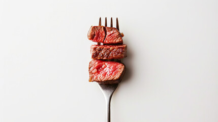 Wall Mural - Fork with slices of beef steak medium rare, white clean background. Aesthetic restaurant concept. Generative AI