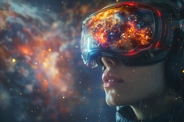 Wall Mural - Depiction of a user immersed in virtual reality background, 3d, illustration