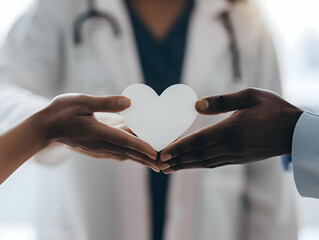 two black hands holding a white wooden heart with doctor in background. health care concept.