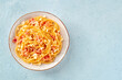 Carbonara pasta dish, traditional spaghetti with pancetta and cheese, overhead flat lay shot with copy space