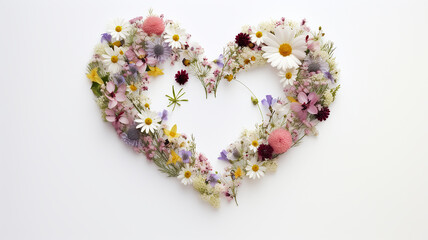 Wall Mural - heart-shaped flower frame on a white background, a postcard design concept about love and tenderness