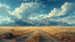   A painting of a dirt path through a field, leading to mountains in the distance, and clouds scattering across the sky