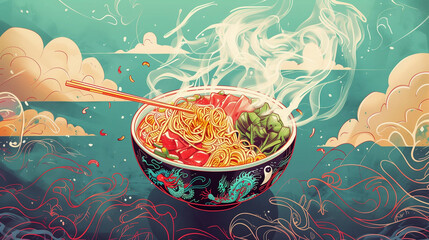 Bowl of hot soup, beautiful noodle illustration