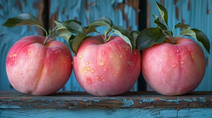 three red apples with green leaves atop a blue wooden table, dripping with water droplets apples' to