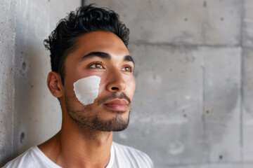 Wall Mural - Portrait of a young Latino man with moisturizer on his face against a gray concrete wall.