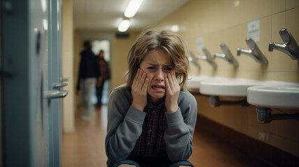 Wall Mural - Distressed Young Girl Crying in School Bathroom Corridor