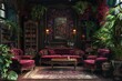 Victorian Gothic-inspired living room with velvet sofas and dark wood furnishings.