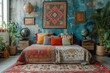Bohemian-inspired bedroom decor featuring vibrant colors and eclectic patterns,8k, High quality image