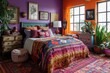 Eclectic maximalist bedroom decor with bold colors and mixed patterns.