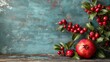   A red apple rests atop a weathered wooden table Nearby, a branch displays vibrant leaves and plump red berries