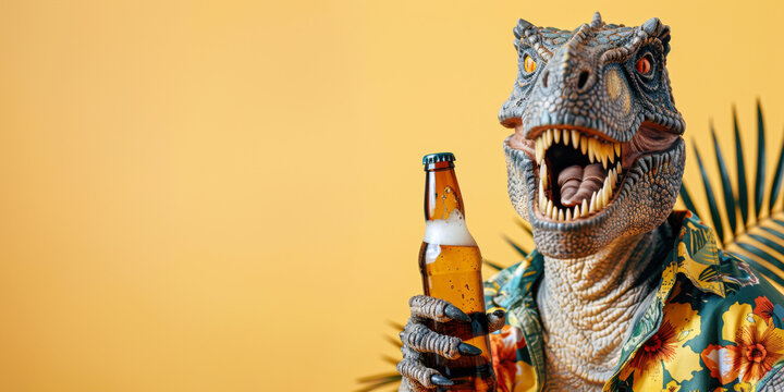 Funny portrait of a brutal dinosaur in a summer Hawaiian shirt with a bottle of beer on a yellow background with space for text.