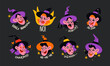 Cartoon witches in 90s Halloween hats. Witches' faces with different emotions. Scary stickers in cartoon retro style.