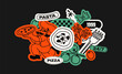Pizza delivery stickers, fast food restaurant in retro 90s style. Cartoon tags, labels, courier delivery patches. Italian food, design doodle elements for restaurant and cafe