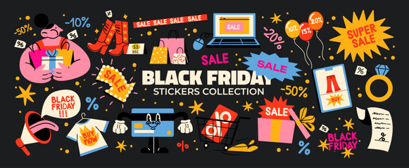 Cartoon black friday stickers. Retro stickers, patches labels for shopping, discounts, great deals. Set of promo offers in groovy vintage doodle acid style