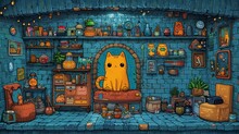   A Cat Sitting On A Chair In A Room With Shelved Walls Adorned By Various Items