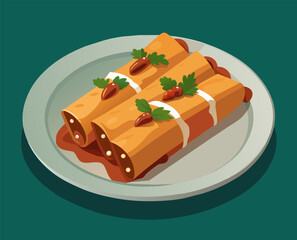 Wall Mural - Delicious enchiladas on plate with authentic mexican cuisine illustration, garnished with sauce, herbs, and traditional spicy flavors, served in a vector graphic food illustration