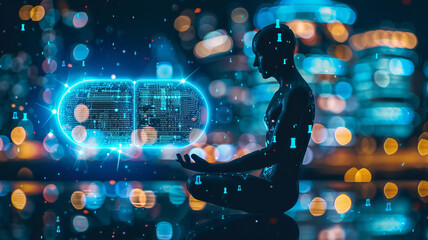 Wall Mural - pill with ai for astral yoga silhouette of human in cosmic space meditate. back view man practicing 