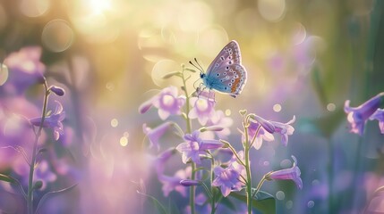 Wall Mural - Detail with shallow focus of lilac bell flower and butterfly in nature macro on background with beautiful bokeh. Delicate artistic image of beauty of nature. Purple wild flowers.