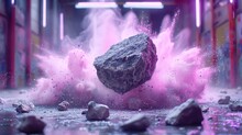   A Single Rock Emitting Pink Smoke In A Room's Center