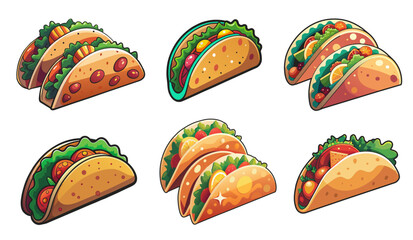 Wall Mural - Vibrant illustration set of a classic mexican taco filled with savory meats, fresh lettuce, and juicy tomatoes, encapsulating the essence of traditional street food from mexico