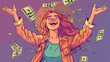 Happy young woman and falling dollar banknotes
