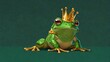 This whimsical image depicts a frog with a golden crown, implying regality and fairy tale concepts on a green surface