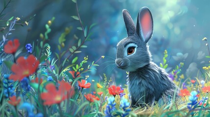  Rabbit in wildflower field, blue sky background