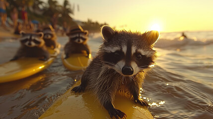 Wall Mural -   A raccoon atop a yellow surfboard in water, surrounded by other raccoons in the background